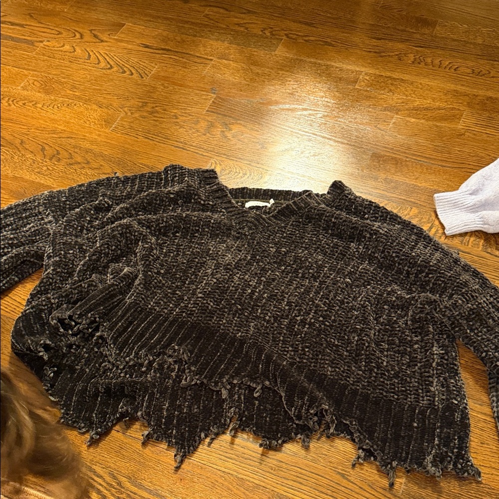 Lush Black Chenille Distressed Scoop-Neck Sweater